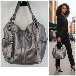 B. Makowsky Pewter Alice Shopper hobo bag in metallic Soft Pepple leather